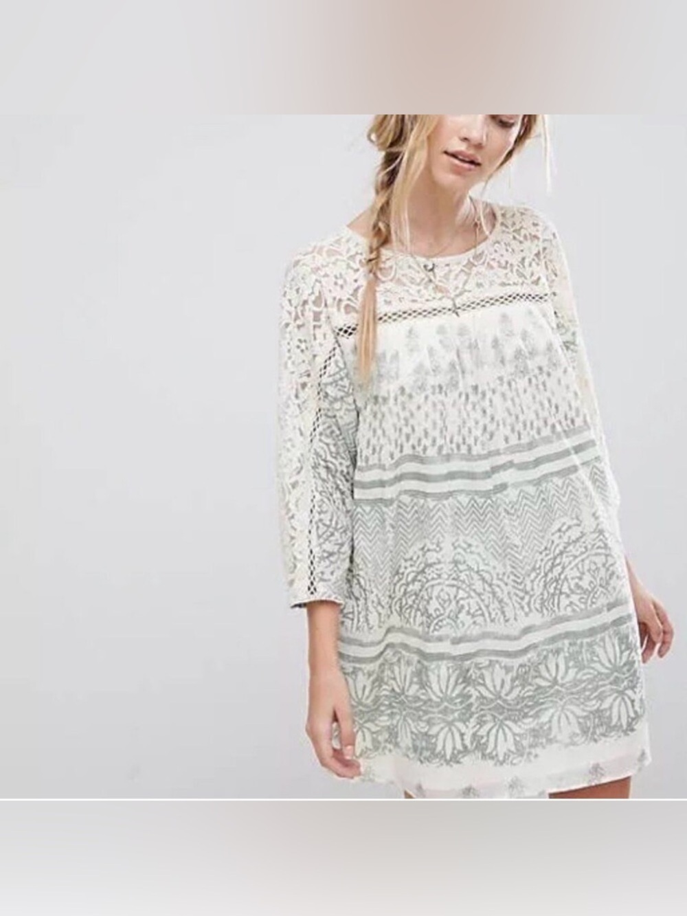 Free People Sun Daze NWT Sage Ivory Lace Panel Shift Printed Lined Tunic Dress S - Picture 8 of 8